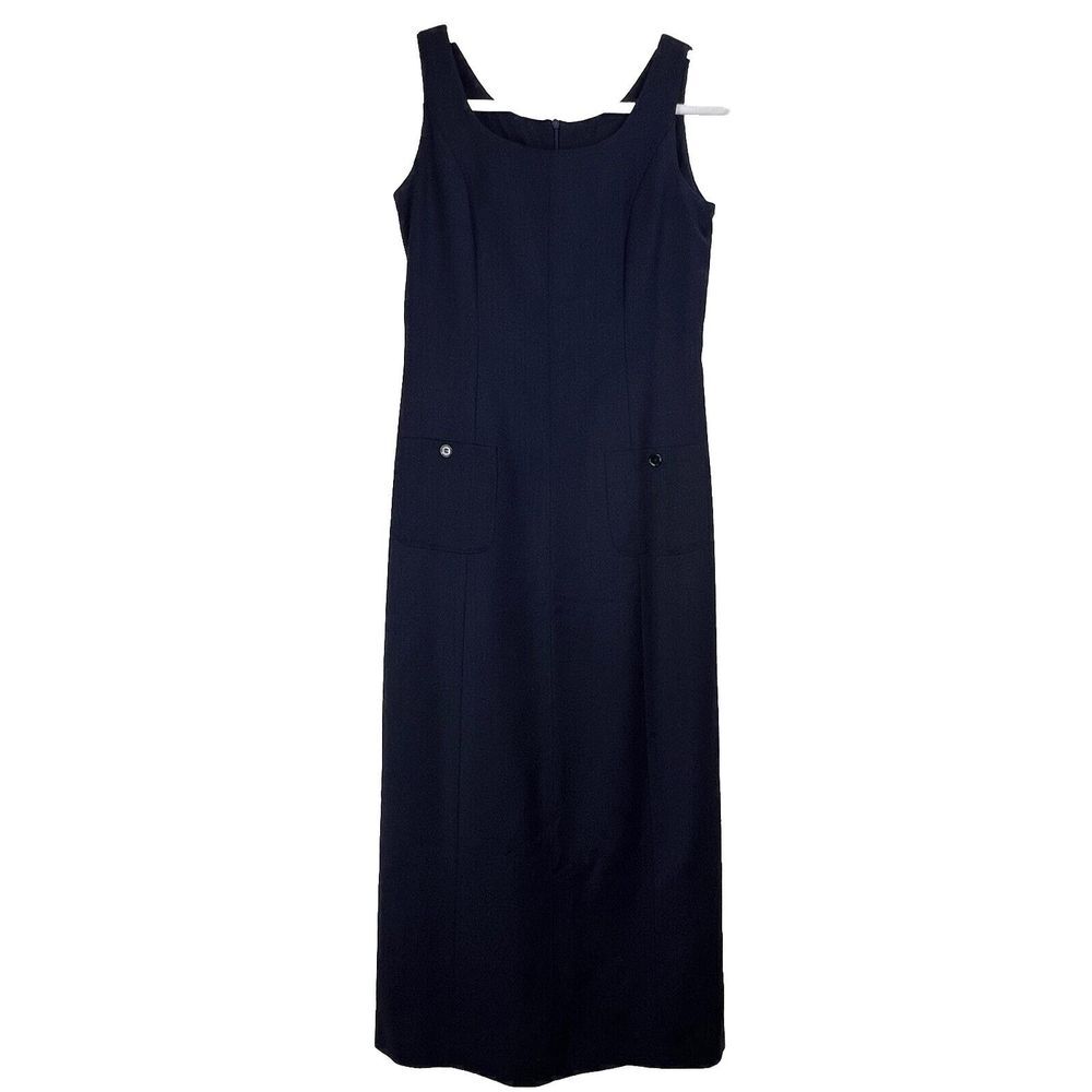 VTG Laura Ashley Lundy Island Midi Dress 100% Wool Pockets Jumper Navy Modest 4‎